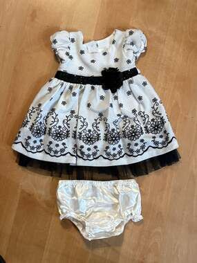 Bonnie Baby Girls White and Black Floral Dress with Matching Bloomers
